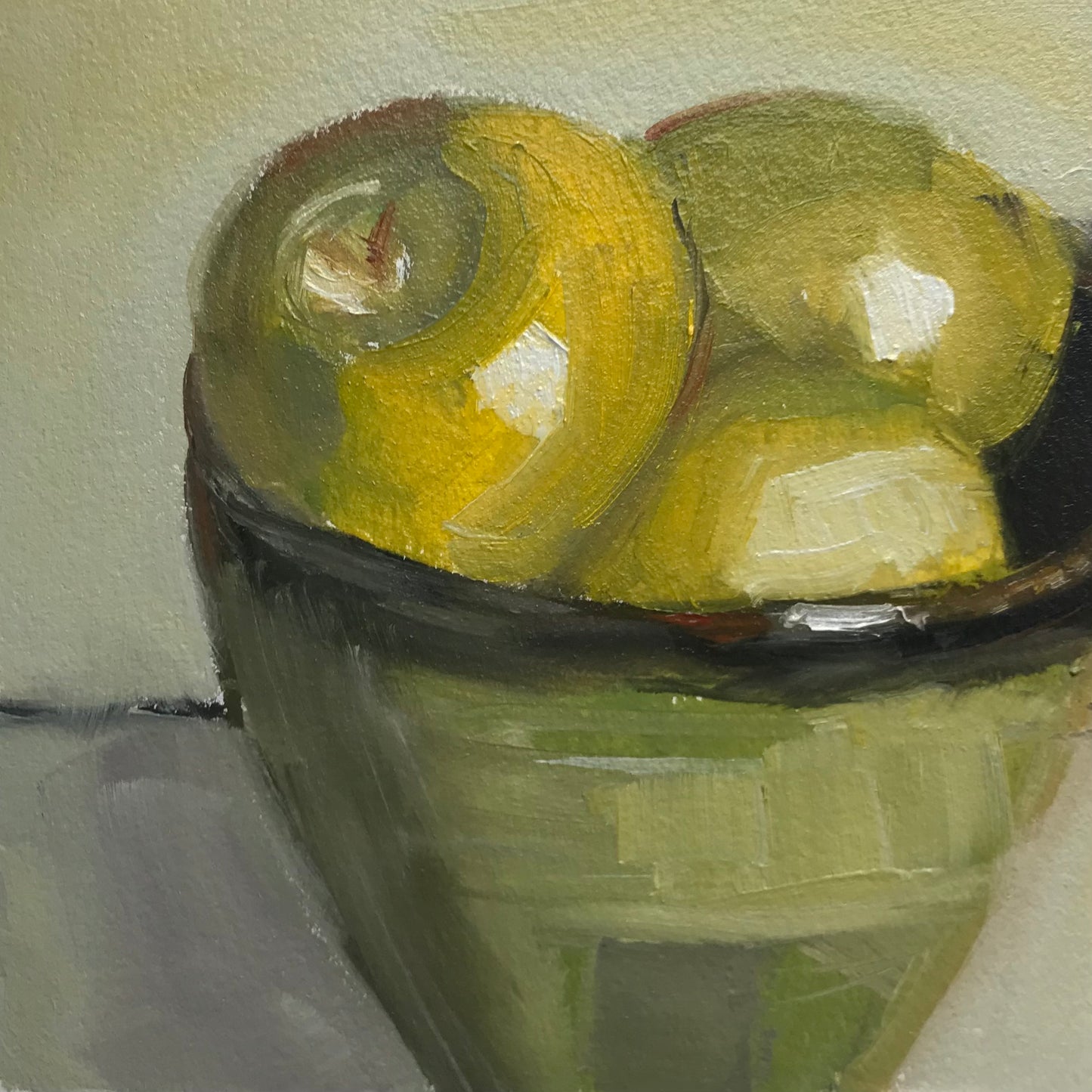 Three Green Apples in a Bowl 2 - Original Artwork by Patt Scrivener AFCA