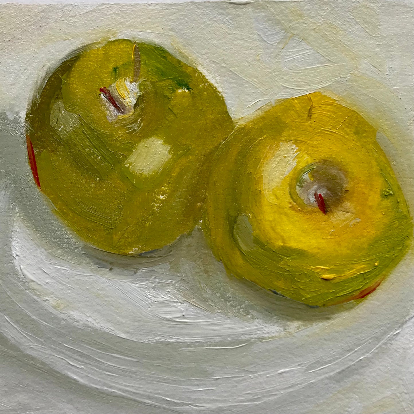 Two Green Apples on a Plate - Original Artwork by Patt Scrivener AFCA