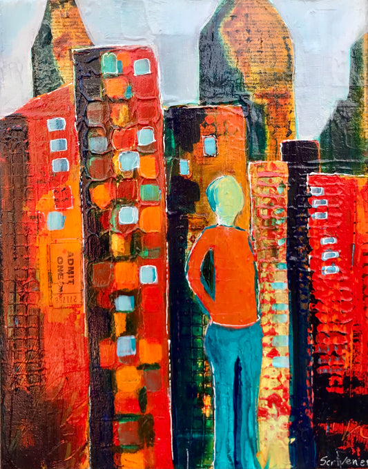 Figurative Art -City Dweller - Original Mixed Media Painting by Patt Scrivener AFCA