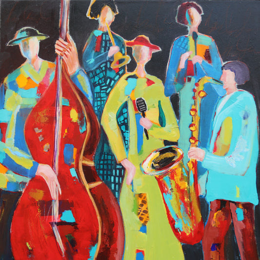 Figurative Art -Midnight Jazz- Original Mixed Media Painting by Patt Scrivener AFCA