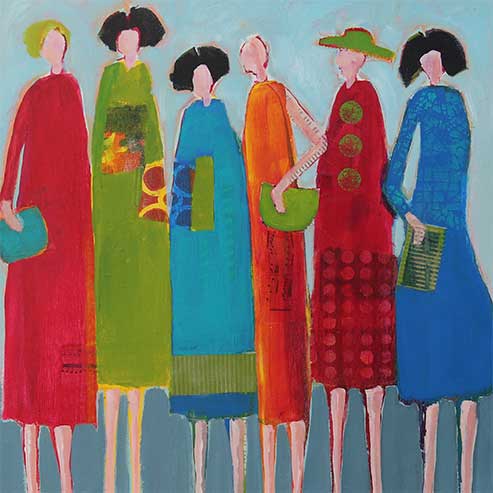 Figurative Art -Gaggle of Gals- Original Mixed Media Painting by Patt Scrivener AFCA