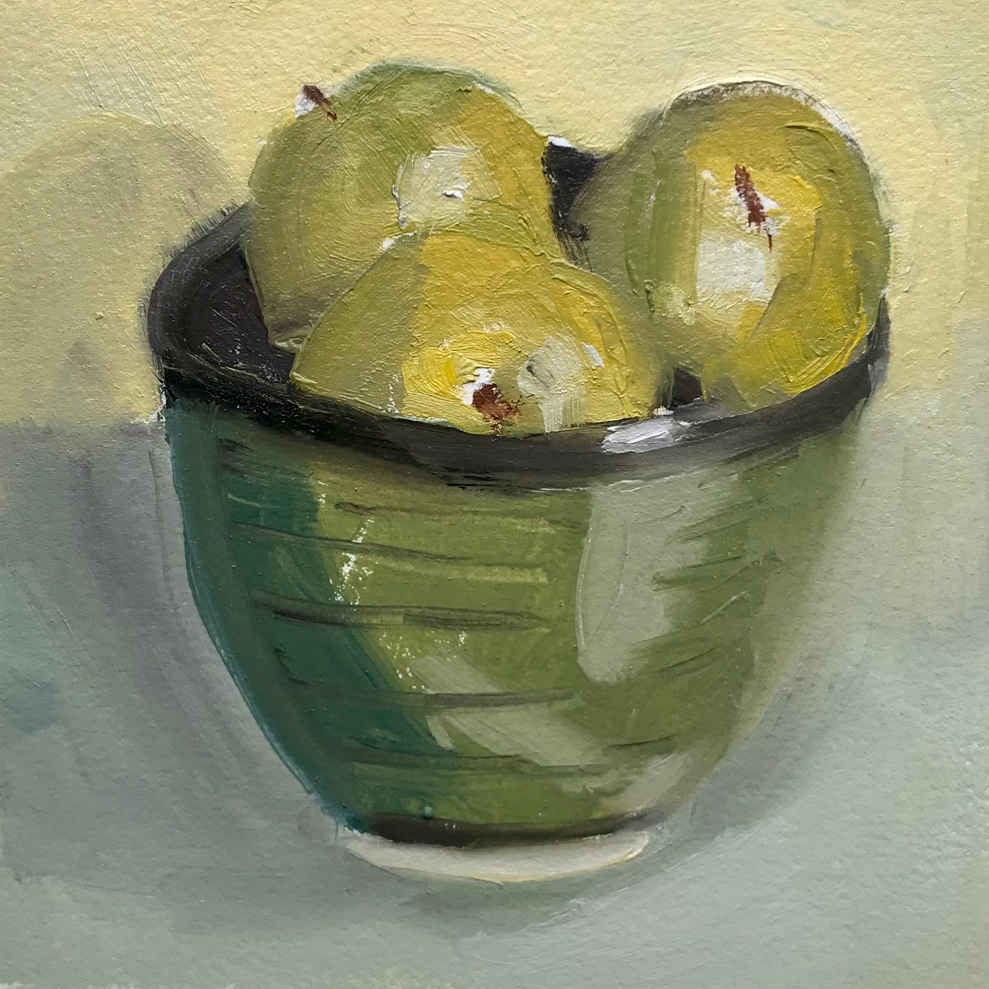 Three Green Apples in a Bowl - Original Artwork by Patt Scrivener AFCA