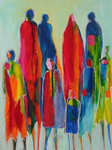 Abstract figurative painting in red and blue All Shapes and Sizes-Patt Scrivener Art and Design