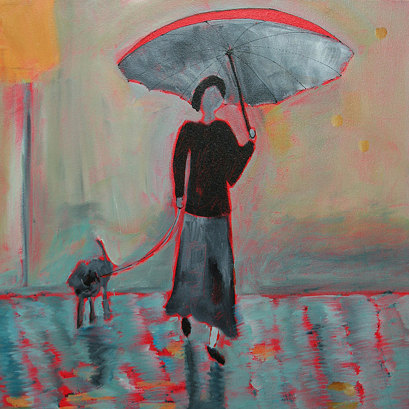 acrylic painting lady with umbrella walking dog in rain | Patt Scrivener Artist